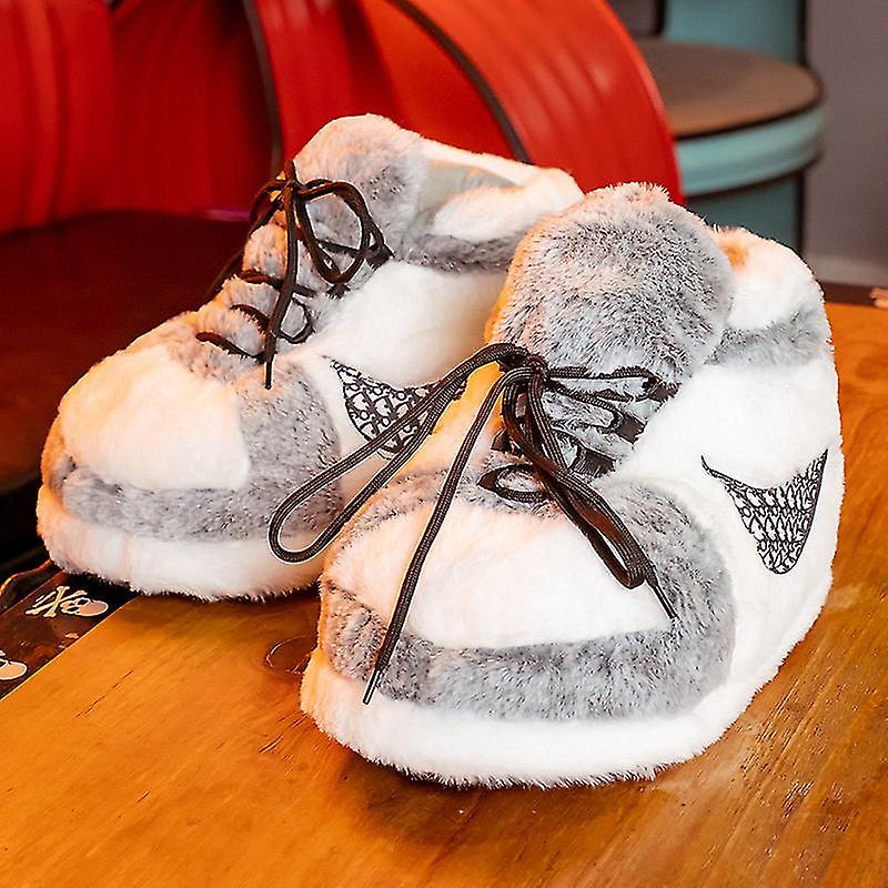 Grey and White Plush Sneaker Slippers
